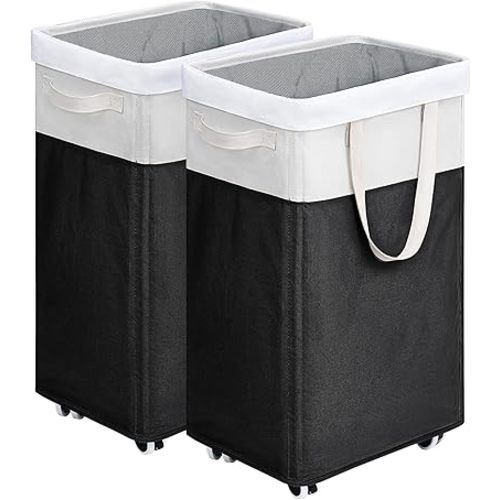 Goodpick Hamper with Wheels 75L 2-Pack, Tall Laundry Basket with Removable Wash Bags, Rolling Black Laundry Hamper for Corner Dorm, Large Collapsible Laundry Baskets