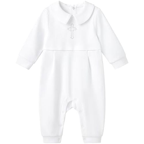 pureborn Unisex Baby Jumpsuit Infant Boys Girls Cotton Spring Fall Romper One-Piece Coverall Baptism Outfit White 0-24 Months