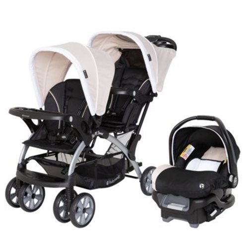 Baby Trend Sit N Stand Double Stroller & Single Car Seat - Twins Combo, Rear Facing Travel Set - Khaki