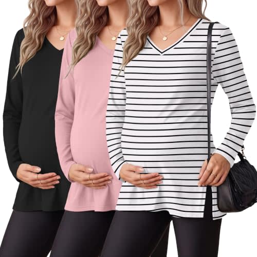 Ekouaer Womens 3 Pack Maternity Shirts Long Sleeve Pregnancy V Neck Clothes | Split Side Basic Tops, Causal Maternity Shirt Outfits, Suitable for Pregnat Mama Workout