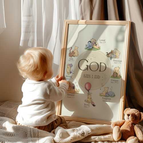 WINNIE-The-POOH Christian Nursery Wall Art Nursery Prints, God Says I AM Religious Affirmation, Inspirational Scripture Print