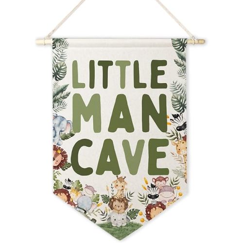 ArtisaEura Little Man Cave Wall Canvas Banners,Dragon Nursery Decor, Sage Green Dinosaur Dragon Hanging Display Pennant Banner Flags, Nursery Wall Decor for Kids Boys Room Bedroom Playroom