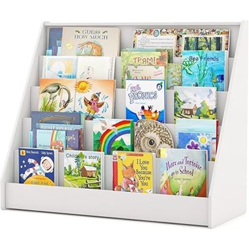 Costzon 5-Tier Kids Bookshelf, Wooden Children Bookcase, Toddler Book Rack, Magazine Storage & Display Shelf, Book Shelf for Kids Room, Living Room, Nursery, Classroom (White)