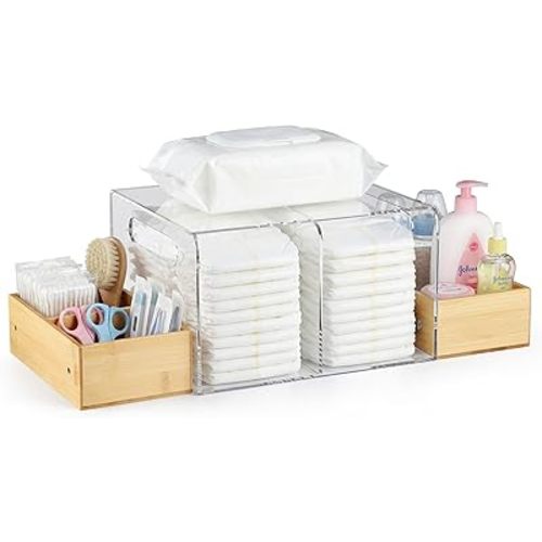 Acrylic Diaper Caddy, Changing Table Organizer with Handle & 3 Wooden Compartments, Storage for Wipe Dispenser, Baby Organizers and Storage, Perfect for Diapers Wipes Creams, Clear