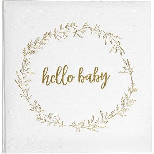 Kate & Milo Linen Hello Baby Memory Book, First 5 Years Milestone Journal, Neutral Newborn Keepsake Scrapbook and Photo Album, Cream and Gold