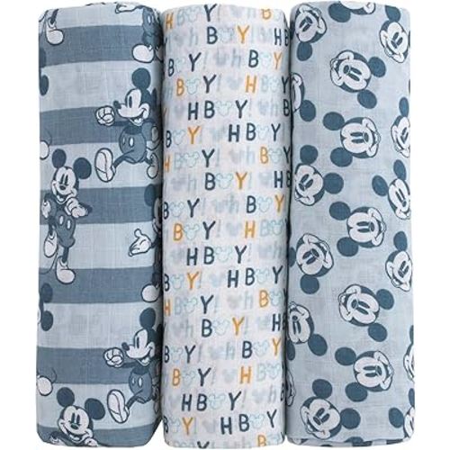 Disney Mickey Mouse Gray, Charcoal, and White 3 Piece Muslin Swaddle Baby Blanket Set