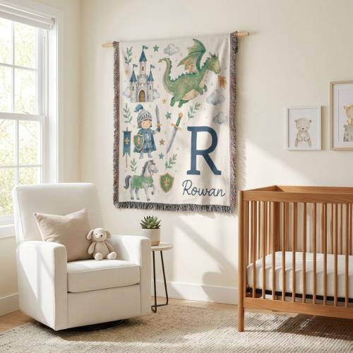 Personalized Dragon Knight Woven Blanket, Cotton Jacquard Baby Throw, Medieval Fairytale Nursery Decor