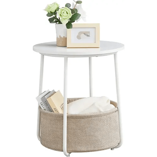 VASAGLE End Table, Small Bedside Table with Fabric Basket, Modern Nightstand, Round Side Table, for Living Room, Bedroom, Matte White and Camel Brown ULET223W10