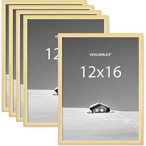 Venusmiles 12x16 Picture Frame, Display 12x16 Photo Frames - High Definition Plexiglass - Vertical and Horizontal Display - Wall Hanging or Table Top Frame - Gold, 5 Pack