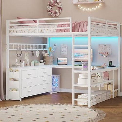 ADORNEVE Loft Bed Full Size with U-Shaped Desk, 6 Storage Drawers, Power Outlet, LED Metal Loft Bed with 2 Storage Shelves, Bed with Safety Guardrail & Ladders,Space-Saving,White