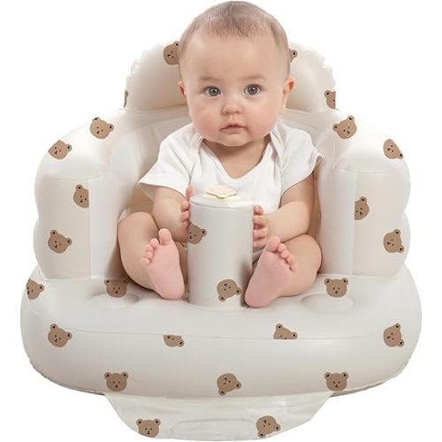 Inflatable Baby Seat for Babies 3-36 Months, Built in Air Pump Baby Chair Sit Me up Floor Seat for Baby, Bumbo Seat for Learning to Sit, Feeding, Camping (Bear)