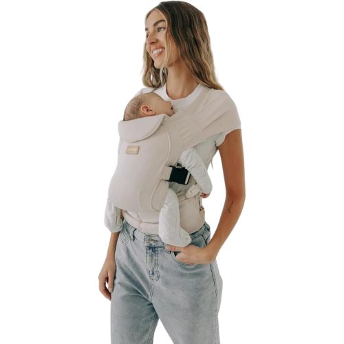 Tushbaby Pearl Wrap Baby Carrier for Newborns 8–20 lbs, Hands-Free Ergonomic Infant Carrier with Storage, Bottle & Wipe Holder, Adjustable Soft Fabric, Cream