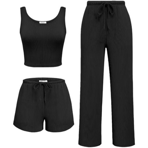 Ekouaer Women's 3 Piece Lounge Set Ribbed Soft Pajama Set - Crop Top, Shorts & Pants Vacation Outfits With Pokcet