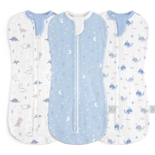 Baby Swaddle 0-2 Months, Cotton Arm-In Zipper Sleep Sack, Wearable Blankets Wrap for Newborn Infant Boys (Dinosaur, Star Moon, Whale, Pack of 3)