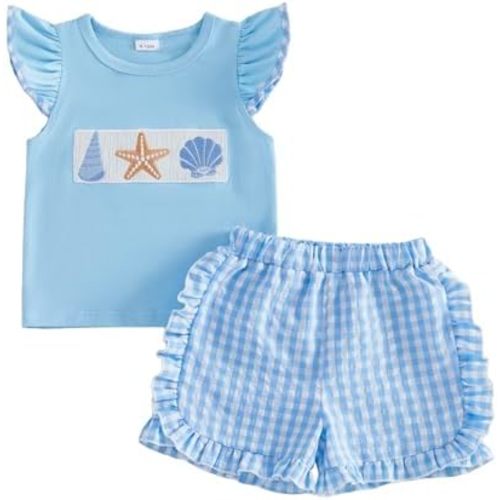 Muasaaluxi Toddler Baby Girl Clothes Summer Short Sleeve Starfish Conch Seashell T-shirt Ruffle Plaid Shorts Outfits 6M-4T