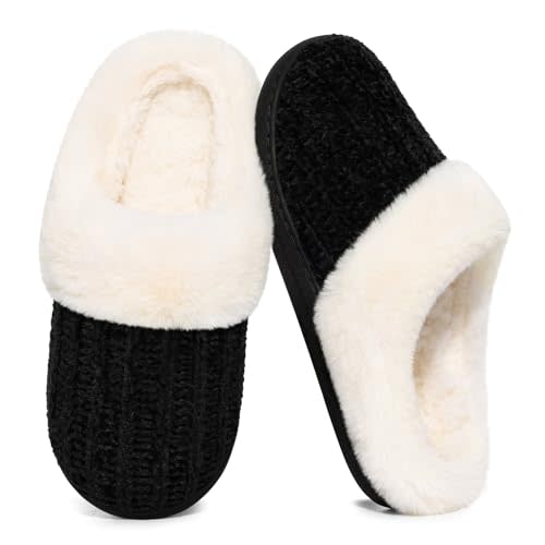 Evshine Warm Knit House Slippers for Women Comfy Wool-Like Lined Chenille Slippers with Memory Foam and Indoor Outdoor Soles