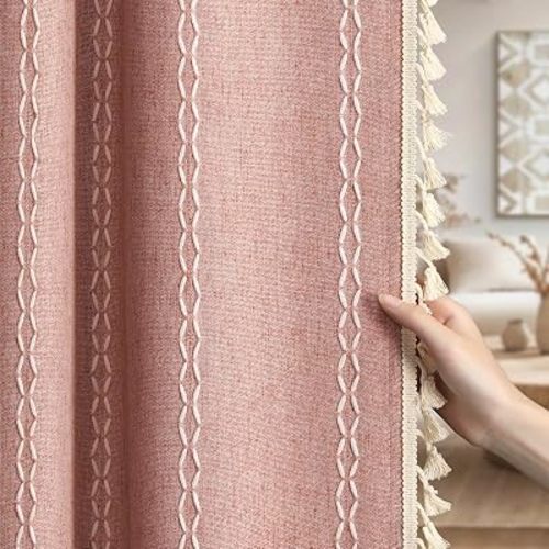 Blush Pink 100% Boho Blackout Curtains 84 Inch 2 Panels with Tassels
