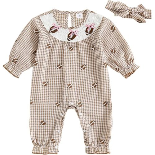 Honganda Newborn Baby Girl Football Outfit Long Sleeve Rugby Embroidery Jumpsuit Plaid Smocked Romper with Headband