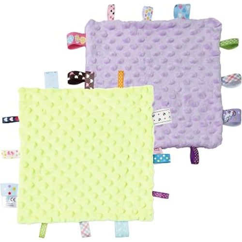 CREVENT Tag Security Blankets for Babies, Soft Small Loveys for Boys, Baby Comforter Sensory Blanket, Great Gifts for Birthday Baby Shower - 10"X10" Green + Purple