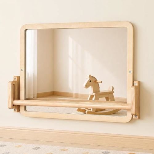 Montessori Mirror with Bar – Adjustable Baby Pull Up Bar, Anti-Rotation Design & Acrylic Safety Baby Mirror for Wall – Tummy Time, Pull to Stand Toys for Infant Toddler Nursery