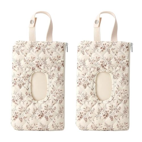 Quilted Baby Wipe Holder Quilted Wipe Pouch Portable Hanging Floral Wet Wipes Bag for Car, Stroller