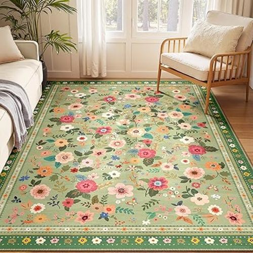 5x7 Area Rugs for Living Room Vacuum-Friendly Machine Washable Area Rug Flower Floral Printed Pattern Low Pile Non-Slip Carpet for Bedroom Hallway Entryway, Light Green