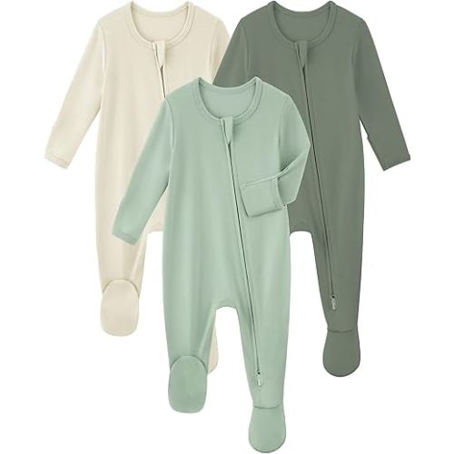 Yoofoss Rayon Made From Bamboo Baby Pajamas 3pcs Newborn Sleepers For Boy Girl Clothes, 0-3 Months Footed Pajamas Zipper Baby Pjs with Mitten,Sage&green&beige