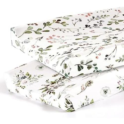 Stretch Ultra Soft Jersey Knit Changing Pad Cover Set 2 Pack, Change Table Pad Covers Fit 32"/34" x 16" Pads Safe and Snug, Stylish Watercolor Rose and Flora Pattern for Girls
