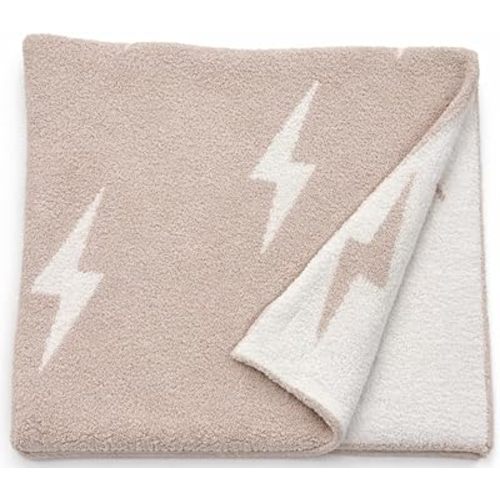 L+L USA Lightning Bolt Baby Blanket 28"x40" - DreamSoft Knit Throw for Crib, Stroller or Car Seat - Soft Blanket/Newborn Nursery Gift Essential for Toddler, Infant, Kids, Boys & Girls (Tan/White)