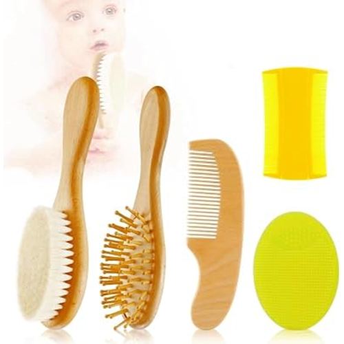 5 PCS Baby Hair Brush Set for Newborns & Toddlers, Wooden Baby Brush and Comb Set with Soft Bristle Hair Brush, Soft Silicone Bath Brush for Girls & Boys