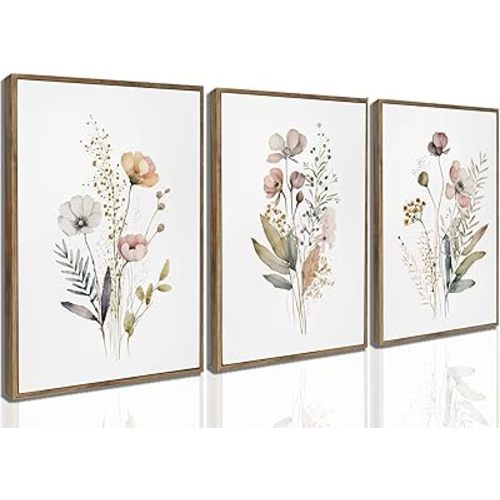 3Pcs Framed Watercolor Wildflower Canvas Wall Art Modern Minimalist Colorful Botanical Floral Painting Pictures Wall Decor Flower Posters Print Artwork for Living Room Bedroom Woman's room Decoration