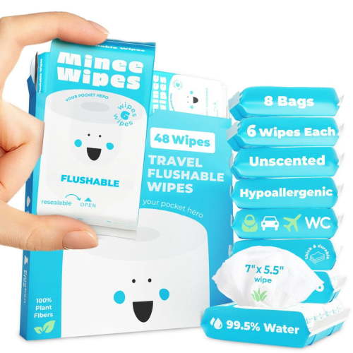 Impossibly Compact Travel Flushable Wipes with Natural Extracts - Skin-Friendly Wet Wipes, Hypoallergenic & Unscented Travel Size Butt Wipes for Adults, Kids & Baby Care - 8 Pack Total 48 Wipes