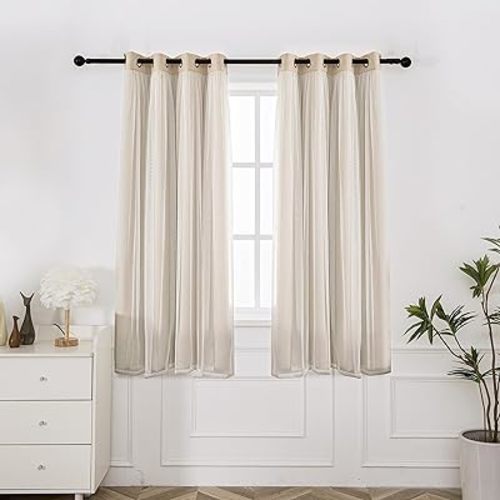 INLINAS Beige Blackout Curtains with Sheer Overlay - Grommet Top Thermal and Noise Reduction Panels for Bedroom and Living Room Light Blocking and Energy Saving, 52 x 72 Inches, Set of 2