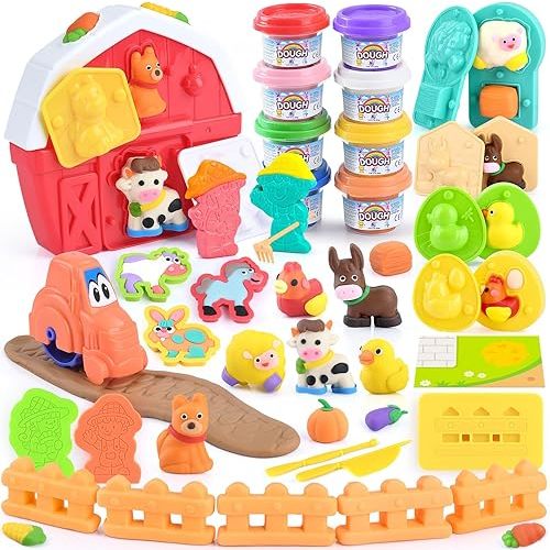 Farm Animals Color Dough Toys for Kids Ages 2-4-8, Big Red Barn Farm Playset with Animal Figures Clay Dough Modeling Tools, Art Crafts Toddler Learning Toy, Ideal Christmas Birthday Gifts