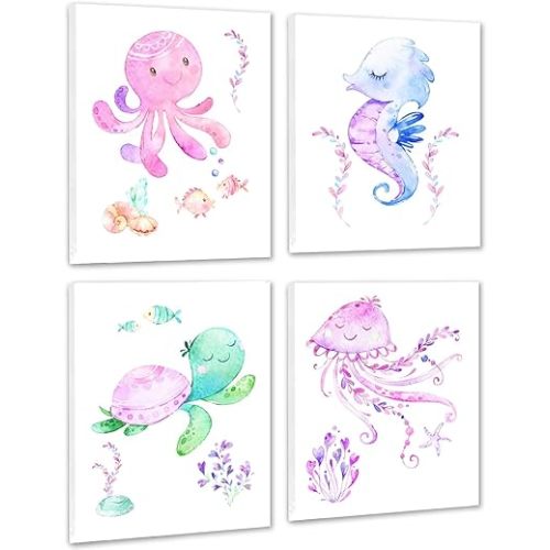 4Pcs Framed Ocean Animal Nursery Wall Art Prints,Pink Cute Sea Life Wall Art,Watercolor Octopus Jellyfish Turtle Seahorse Octopus Sea Creatures Art Posters,for Baby Girl's BedRoom Nursery Kids Room Decoration,8"x10"inch.