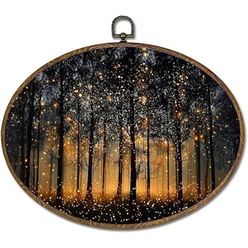 LKETW Vintage Enchanted Forest Oval Wall Art Decor, Mystical Moody Firefly Oval Canvas Hanging Decor, Dark Academia Forest Landscape Wall Decorations for Home Bedroom Living Room, 8.6x11.4 Inch