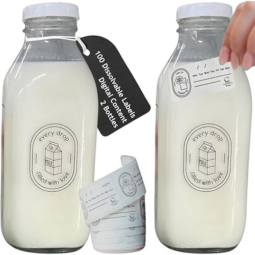 Breast Milk Pitcher Set - Breast milk Storage Containers for Fridge w/labels - Breastmilk Pitcher bottles - Vintage 32 oz Breastmilk Jug - Glass Pitcher for Breastmilk-Dishwasher Safe Formula Pitcher