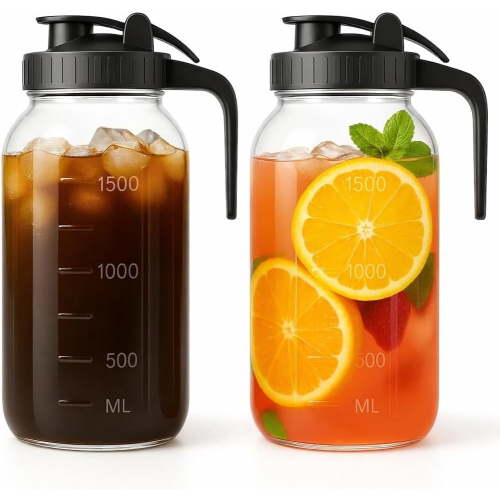 2 Pack Mason Jar Pitcher – Airtight & Leakproof Glass Pitcher with Lid, 2 Quart (64 oz) 1/2 Gallon Mason Jar with Pour Spout Lid, Ideal for Breastmilk, Cold Brew, Sun Tea and Coffee