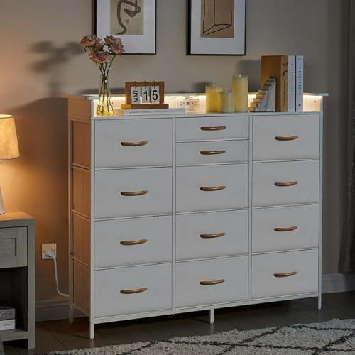 White Dresser with Charging Station and LED Lights, Dresser for Bedroom with 13 Drawers, Dressers & Chests of Drawers for Bedroom Closet Living Room, Tall Dressers with PU Storage