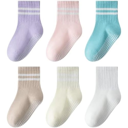 Toddler Non-Slip Socks,Unisex Baby Grip Crew Seamless Cotton Socks with Retro Stripe for Boys Girls Kids 6 Pairs