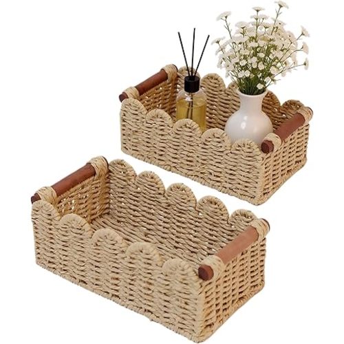 Set of 2 Paper Rope Scalloped Edge Decor Baskets for Home, Living Room,Coffee Table, Shelves, Toilet Basket for Over Toilet Storage Shelf,Storage&Decor,Hand Woven Paper Rope Basket