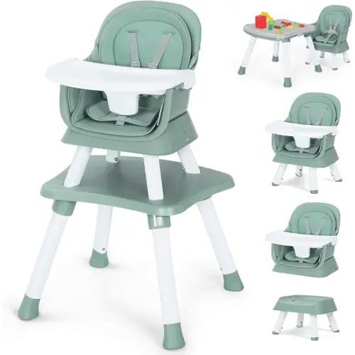 Kinder King 8 in 1 Baby High Chair, Coverts to Dining Booster Seat/Kids Table & Chair Set/Toddler Building Block Table/Kids Stool, Removable Tray & Double Seat Cover, Easy to Wipe, Green & White