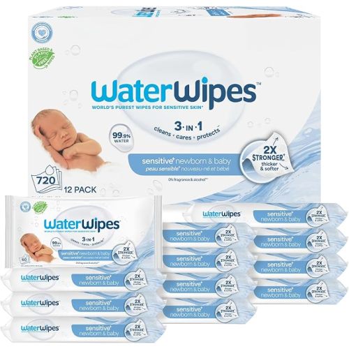 WaterWipes Sensitive+ Newborn & Baby Wipes, 3-In-1 Cleans, Cares, Protects, 99.9% Water, Unscented & Hypoallergenic, 720 Count (12 Packs)