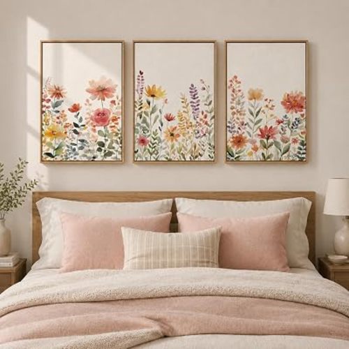Framed Watercolor Botanical Wall Art for Bedroom, 3 Piece Colorful Floral Canvas Artwork for Walls, Large Farmhouse Wildflower Flower Prints Paintings for Living Room Entryway Wall Decor 16x24 Inch