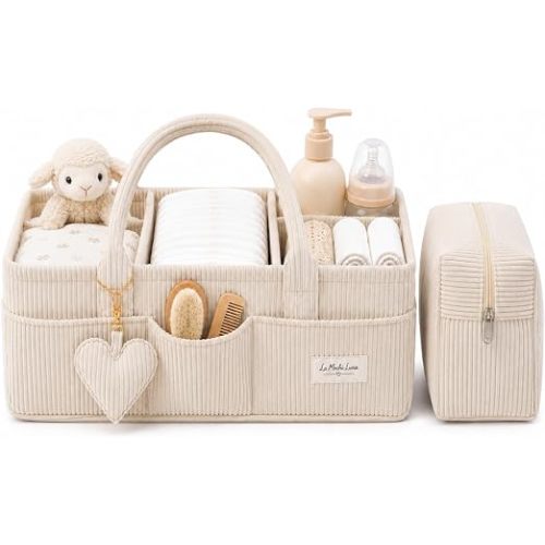 La Mochi Luna Baby Diaper Caddy Organizer w Handles, Soft Corduroy Nursery Storage Basket, Portable Diaper Organizer Bin for Wipes, Newborn Baby Essentials, Baby Shower and Registry Gift