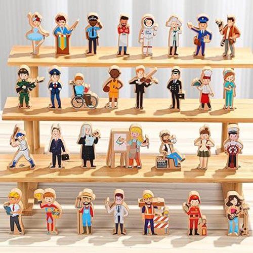Blosssound 30 Pcs Wooden Community Helpers Toys Multicultural Career Wooden People Figures Small Diversity Professionals Wood Blocks for Preschool Classroom Play Games Educational Activity Supplies