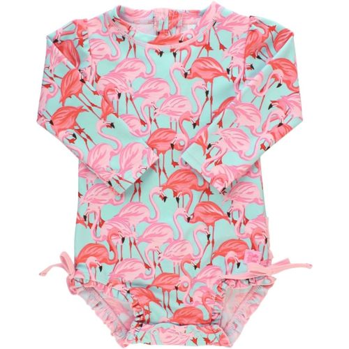 RuffleButts Baby/Toddler Girls Seersucker Long Sleeve One Piece Rash Guard Swimsuit with UPF 50+ Sun Protection