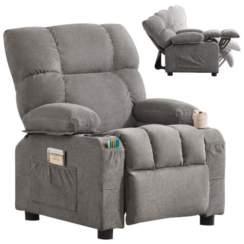 JONPONY Kids Recliner Chair,Push Back Toddler Recliner with Cup Holders & Side Pockets,Adjustable Footrest & Headrest Kids Sofa for Boys Girls 3+ Age Group, Grey