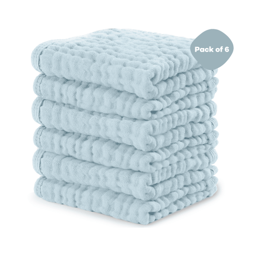 Comfy Cubs Baby Washcloths, Muslin Cotton Baby Towels, Large 10”x10” Wash Cloths (Sky Blue, Pack of 6)