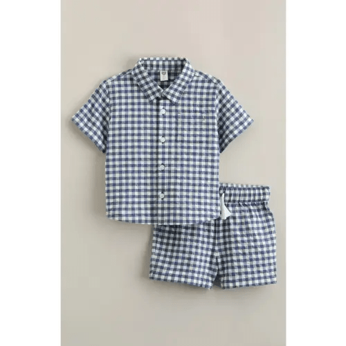 Seersucker Short Sleeve Button-Up Shirt & Drawstring Shorts Set (9 M)